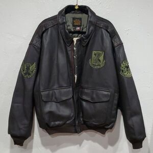 Avirex Dark Leather Bomber Jacket with Green Aviation Patches Size 3X